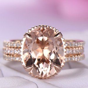 *NEW 18K Rose Gold Oval Morganite Diamond Ring Set